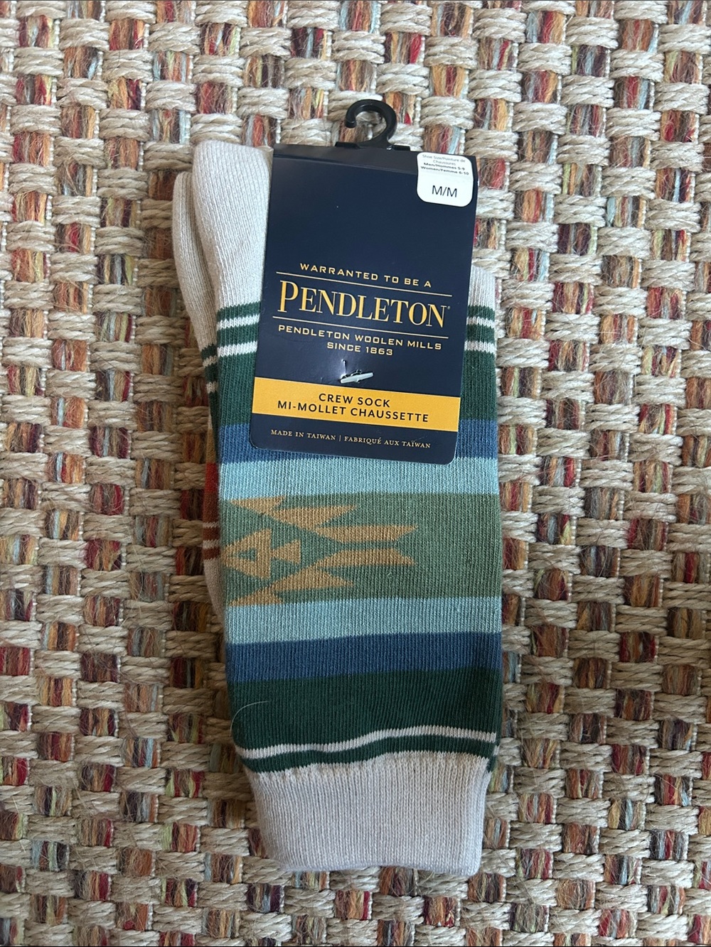 Pendleton Striped Crew Socks in Green, Blue, and Cream